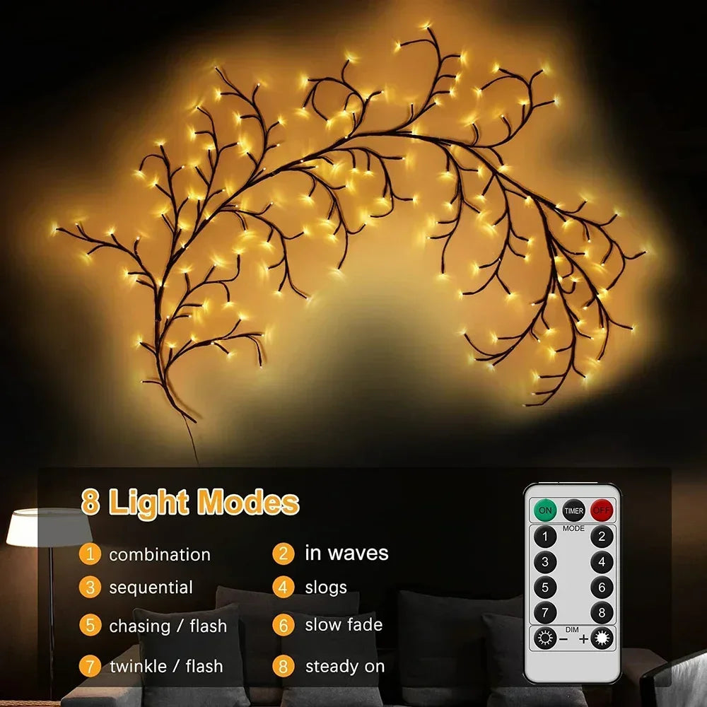 Flexible willow branch LED lights with 8 light modes displayed against a dark background.