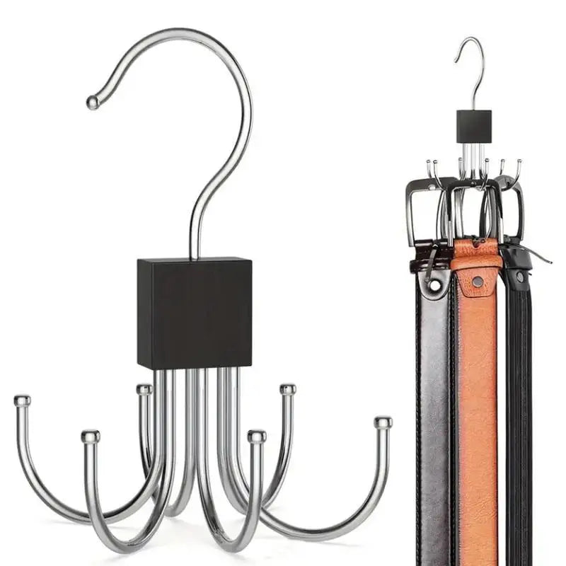 A silver multi-claw hanger with a rotating hook for closet organization.