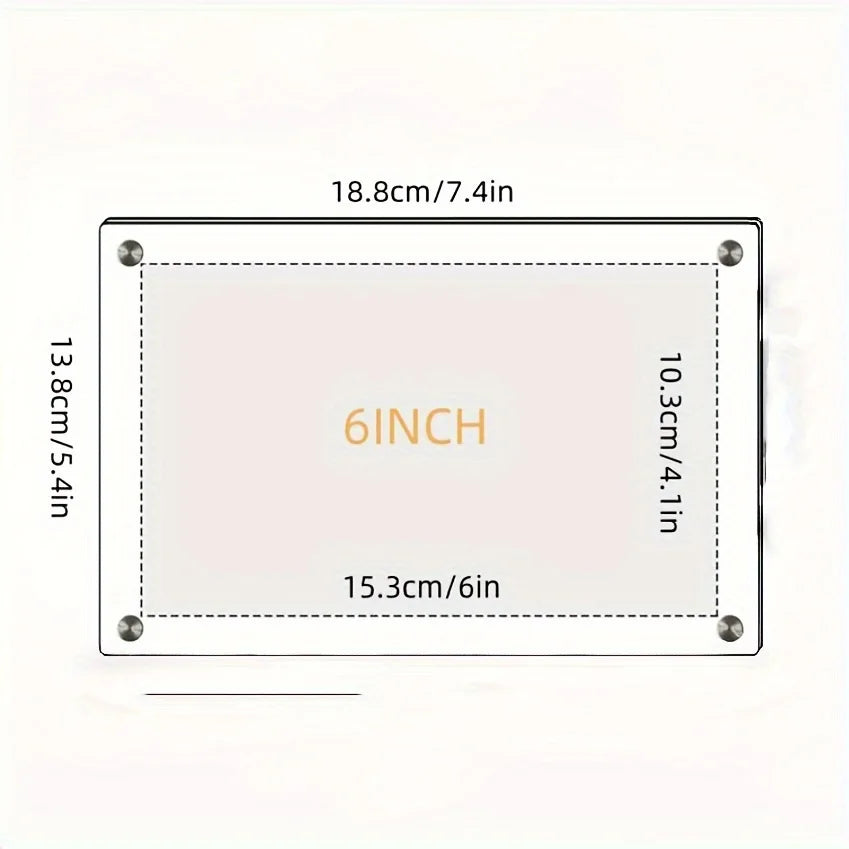 A rectangular acrylic photo frame with measurements listed in both centimeters and inches.
