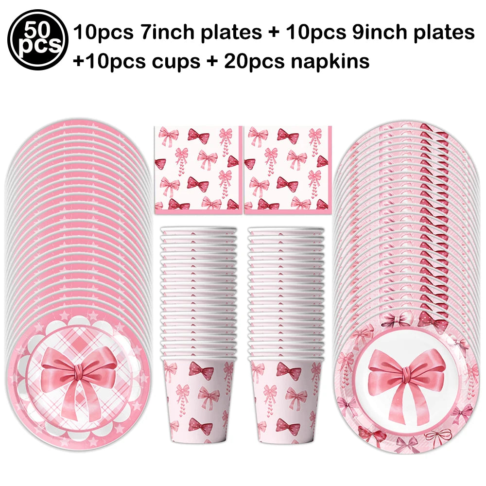 Pink bow disposable party tableware set including plates, cups, and napkins