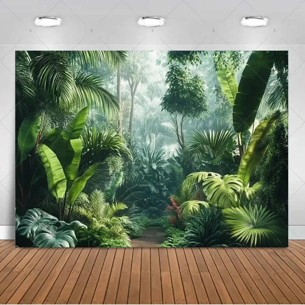 A lush tropical palm leaf backdrop featuring vibrant green foliage and dense jungle greenery.