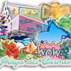 A colorful souvenir featuring a building facade, tropical plants, and a large red flower with the text Playa del Carmen.