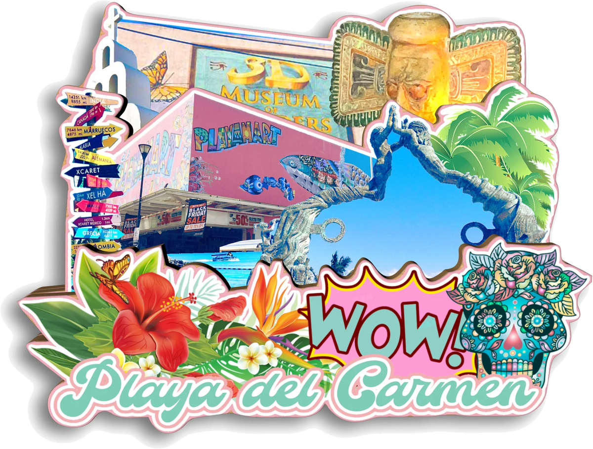 A colorful souvenir featuring a building facade, tropical plants, and a large red flower with the text Playa del Carmen.