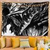 A black and white manga art tapestry featuring a fierce demonic face with sharp teeth and flowing hair.