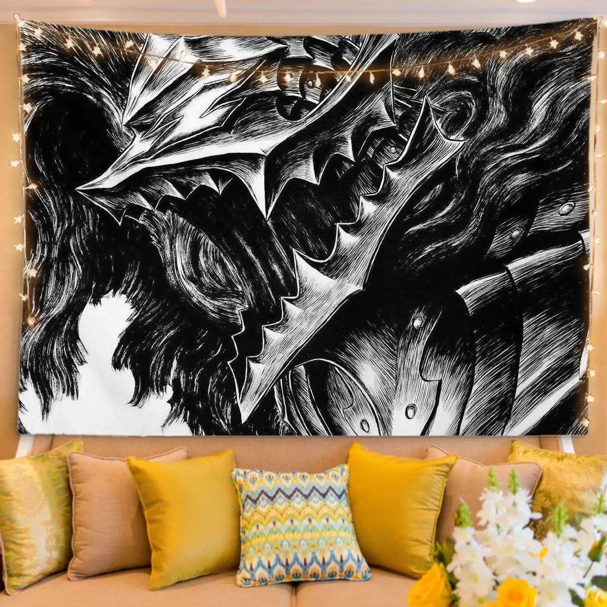 A black and white manga art tapestry featuring a fierce demonic face with sharp teeth and flowing hair.