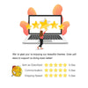A person is interacting with a laptop displaying a 5-star rating graphic, surrounded by orange floral elements.