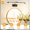 LED Modern Bathroom Mirror Light featuring a long bar light and a round mirror with specifications for adjustability, quality