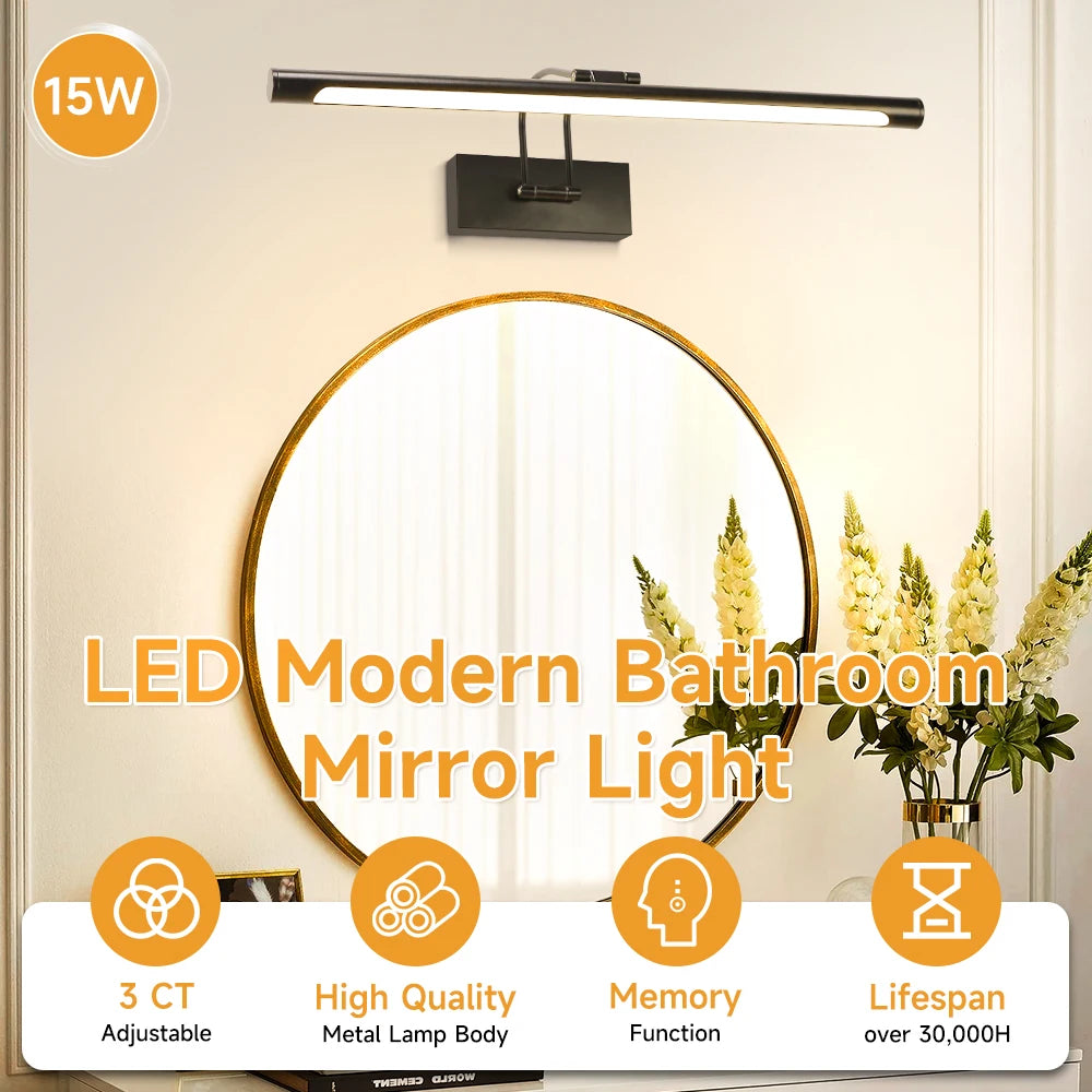 LED Modern Bathroom Mirror Light featuring a long bar light and a round mirror with specifications for adjustability, quality