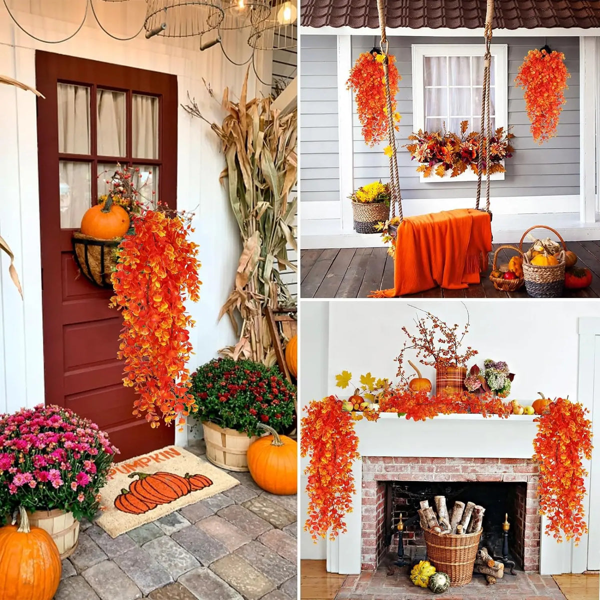 A display of artificial orange and red eucalyptus leaves and faux plants decorating a doorway and fireplace