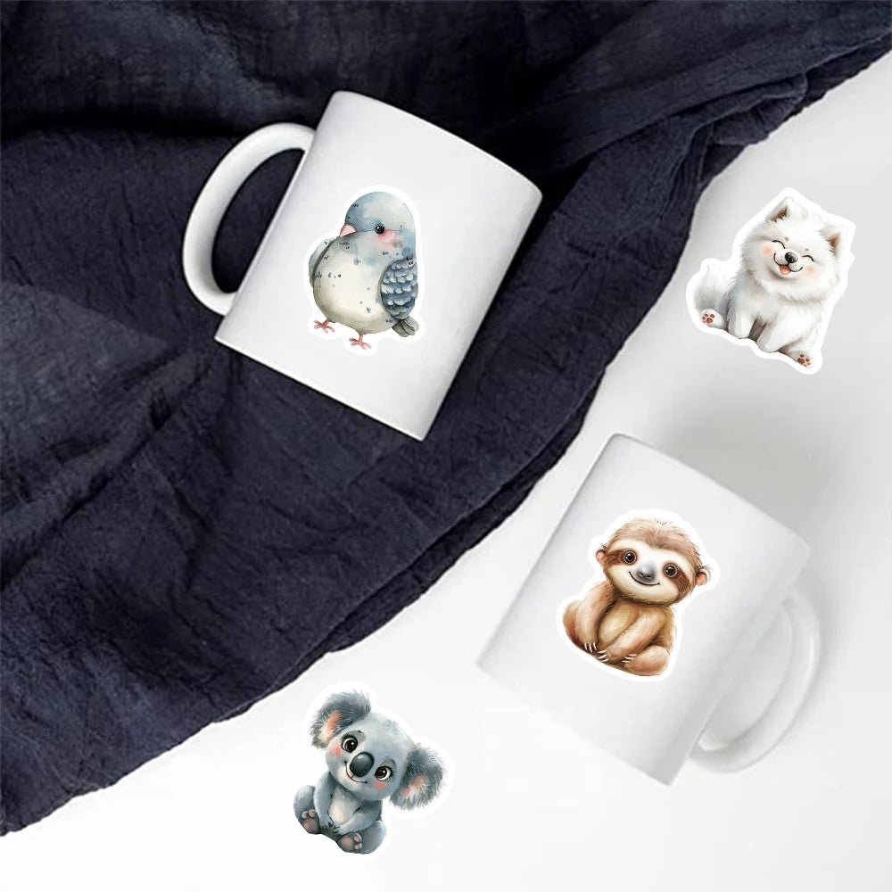 A white mug features watercolor illustrations of a blue bird and a white puppy on a dark gray fabric background.