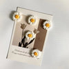 A rectangular card featuring pressed flowers and text, including white daisies on a beige background.