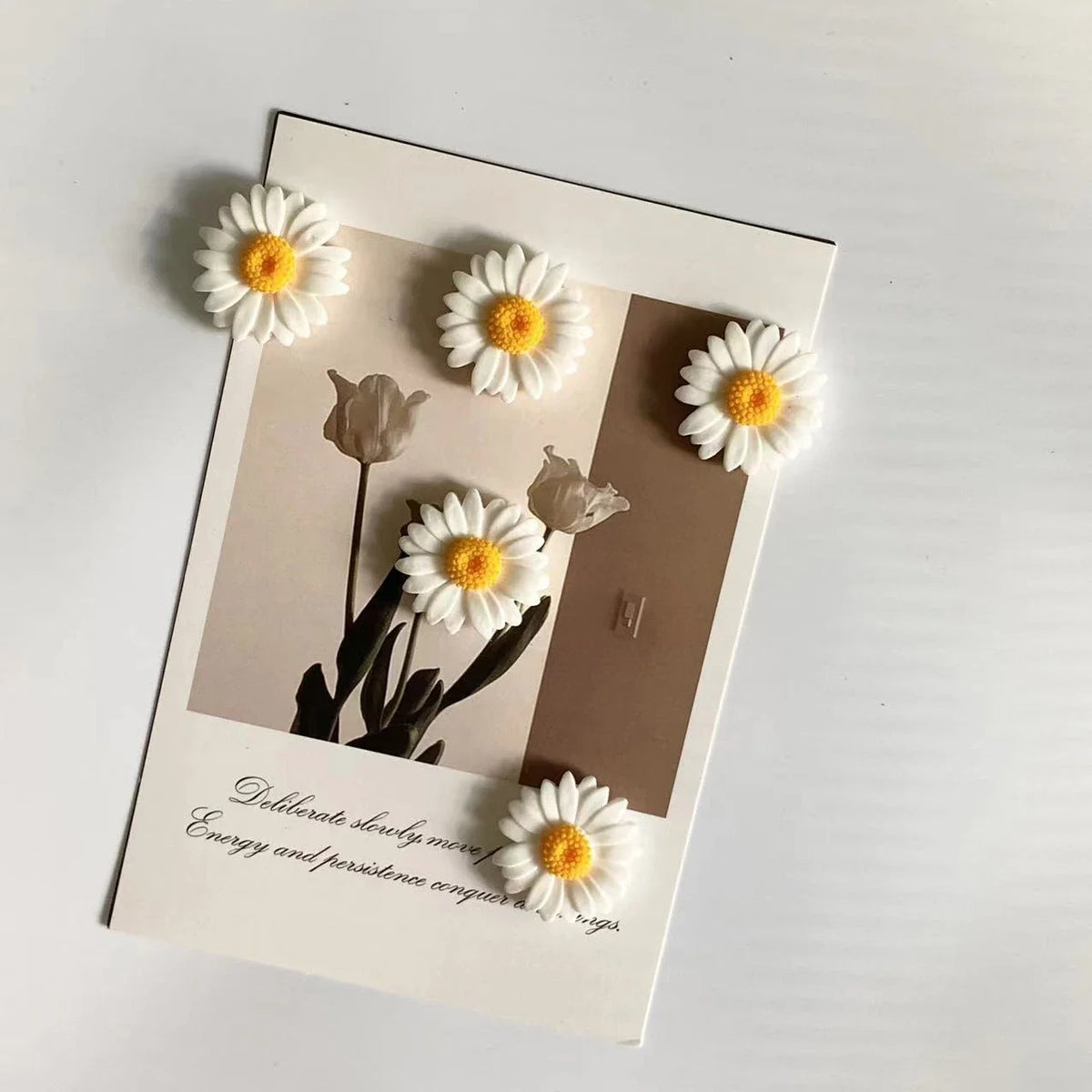 A rectangular card featuring pressed flowers and text, including white daisies on a beige background.