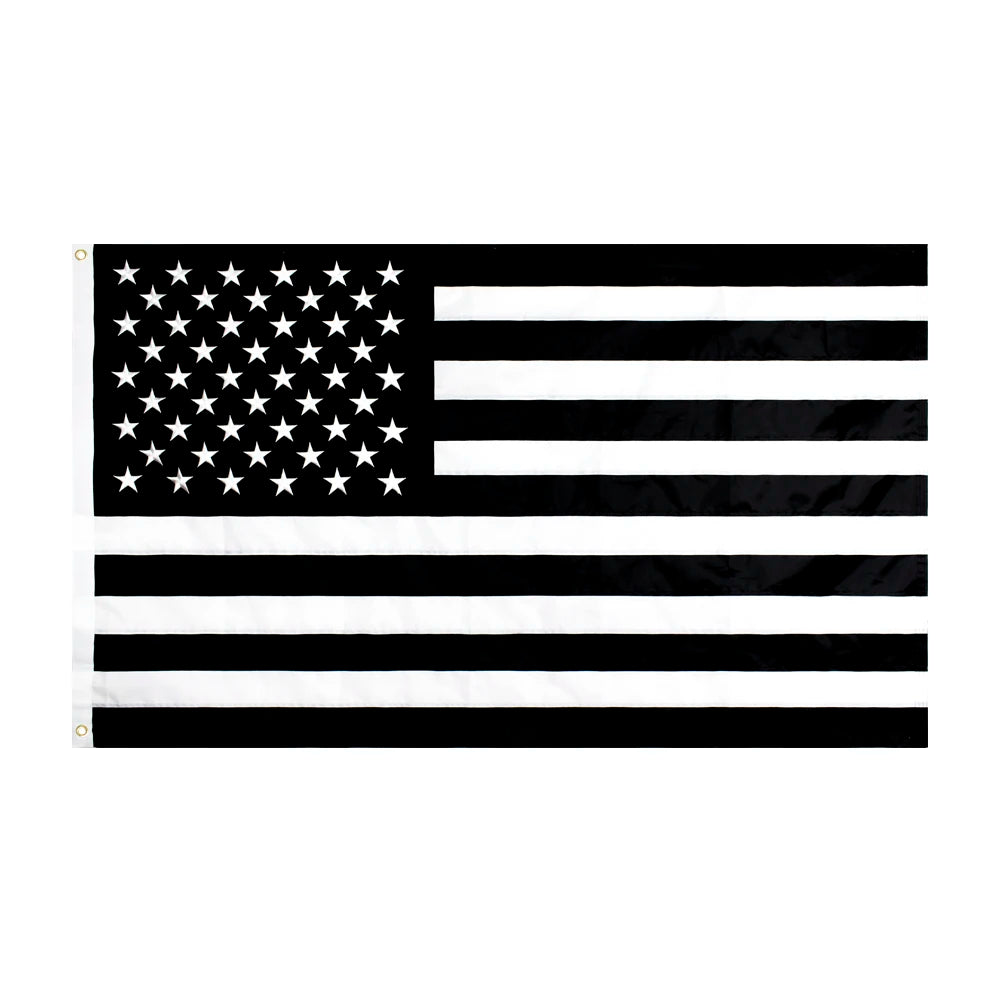 A black and white flag design featuring stars on the left and horizontal stripes on the right.