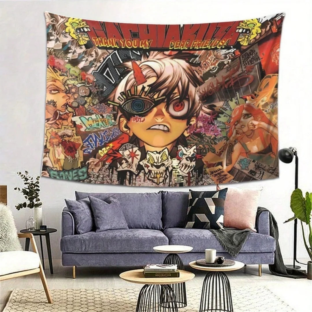 Tapiz de grafiti de anime vibrante con personajes estilizados y colores vivos.