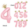 Pink aluminum foil crown number balloons showing the numbers 0, 1, 2, 4, 5, 6, 7, 8, and 9.