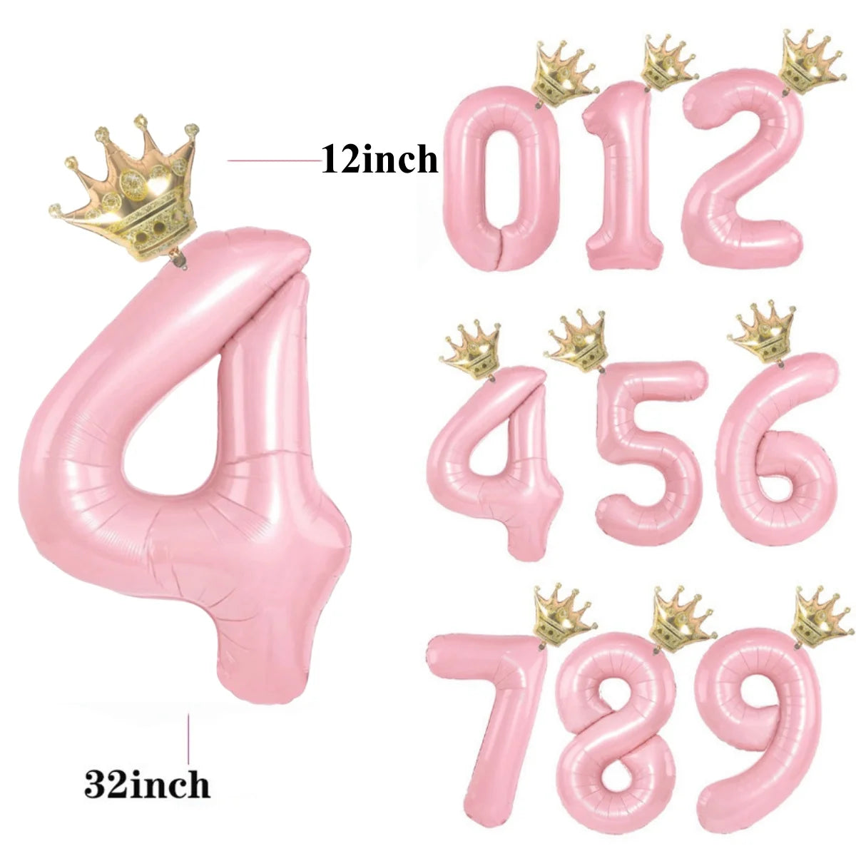 Pink aluminum foil crown number balloons showing the numbers 0, 1, 2, 4, 5, 6, 7, 8, and 9.