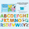 A set of magnetic letter stickers in capital letters and a letter puzzle for children.