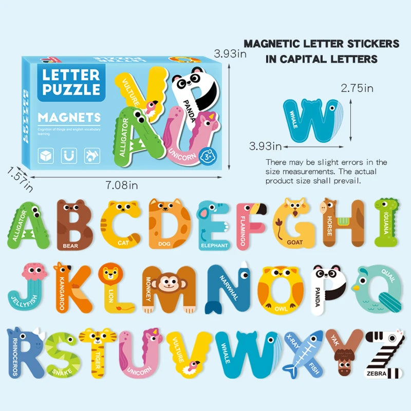 A set of magnetic letter stickers in capital letters and a letter puzzle for children.