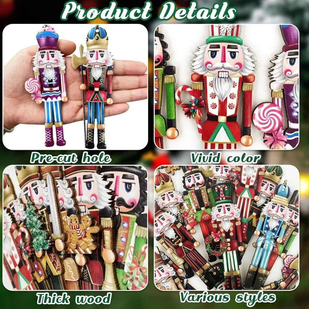 Various styles of wooden nutcracker soldiers and ornaments shown in detail