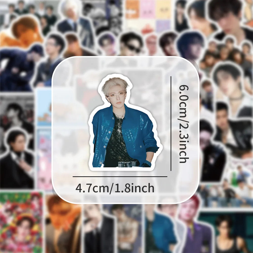 A sticker of a light-haired K-Pop idol in a blue jacket, measuring 6.0cm (2.3 inches).