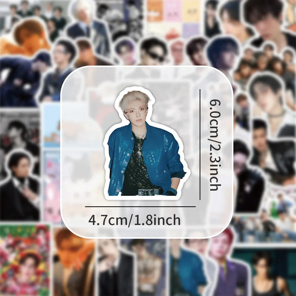A sticker of a light-haired K-Pop idol in a blue jacket, measuring 6.0cm (2.3 inches).