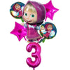 A set of pink and teal balloons featuring Masha and the Bear characters for a birthday party.