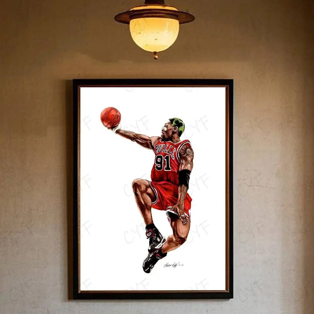 A high-definition poster of Dennis Rodman playing basketball, shown in a dynamic pose with a red jersey and ball.
