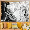 A black and white manga art tapestry featuring a close-up portrait of a character with flowing hair.
