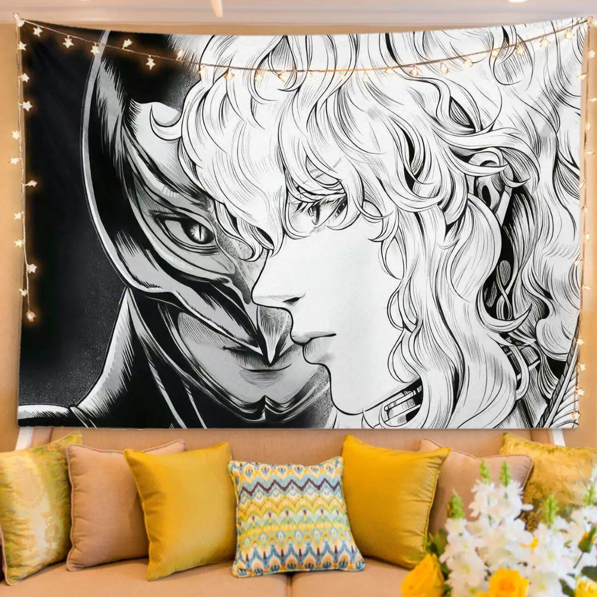 A black and white manga art tapestry featuring a close-up portrait of a character with flowing hair.