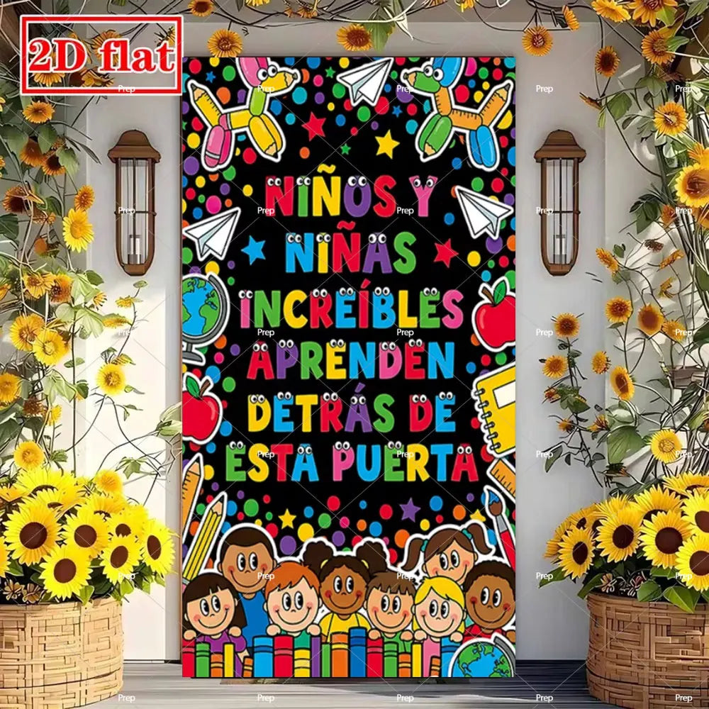 A colorful classroom door banner featuring cartoon animals and text encouraging students to learn behind the door.