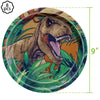 A realistic dinosaur head illustration featuring a large open mouth surrounded by lush green tropical foliage.