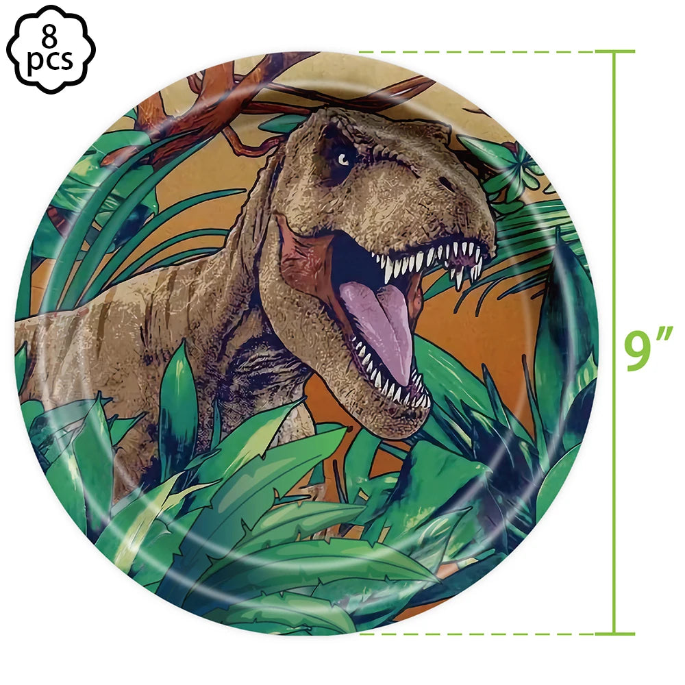 A realistic dinosaur head illustration featuring a large open mouth surrounded by lush green tropical foliage.