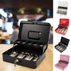 A black lockable metal cash box with an organizer tray and two keys shown open and closed.