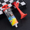 A reusable orange air pressure horn is shown next to its black and white checkered box.