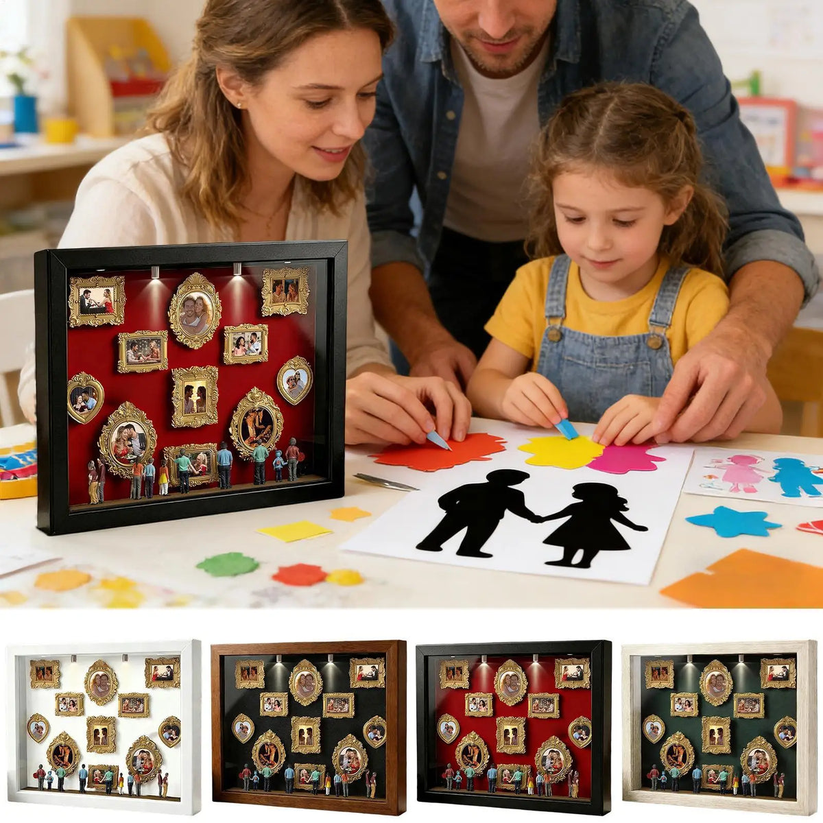 A family is displaying an illuminated museum-style photo display case with figurines and framed photos.