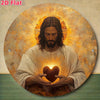 A painting of Jesus with a radiant halo holding a glowing heart, presented as round religious wall decor.