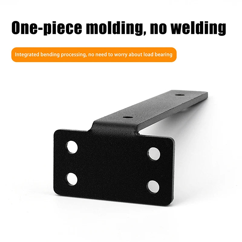 A black metal floating shelf bracket with integrated bending processing and mounting holes.