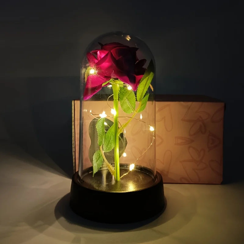 Glaskuppel mit roter Rose, beleuchtet von innen, auf dunklem Sockel.