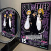 A poster featuring characters from Soul Eater anime with a dark background and pink text.