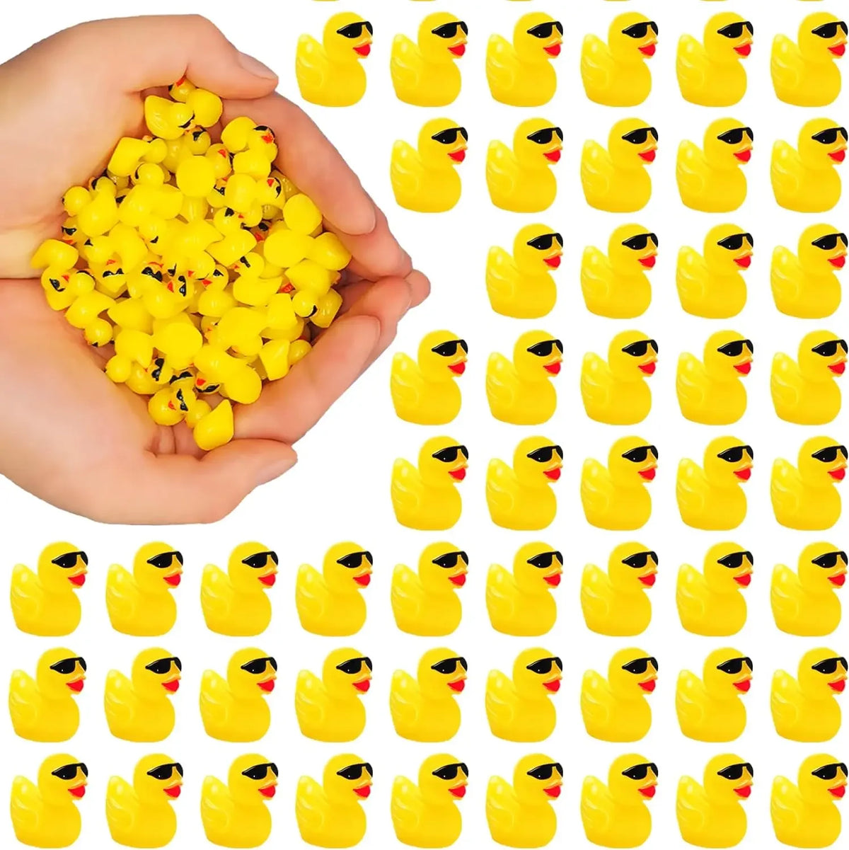 A hand holds a pile of miniature resin witch hat ducks for crafting and decorating.
