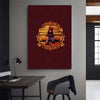 A framed canvas wall art featuring a portrait of a red bear sitting on a wooden surface against a dark red background.