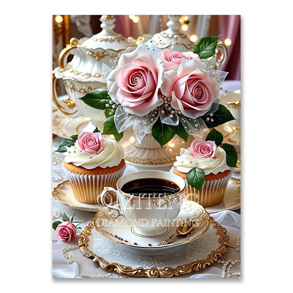 Diamond painting kit featuring roses and pastries set against a luxurious gold and pink backdrop