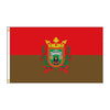 A flag with a red and brown field featuring a coat of arms.