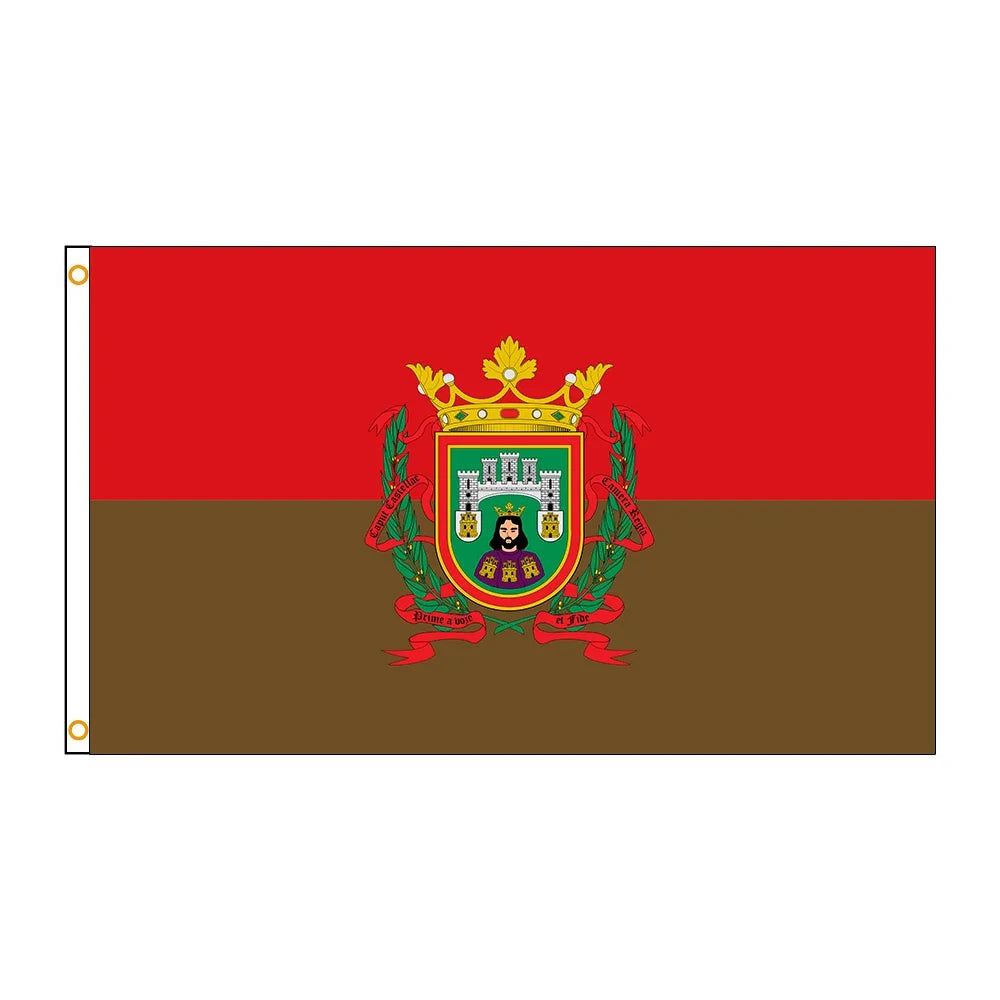 A flag with a red and brown field featuring a coat of arms.