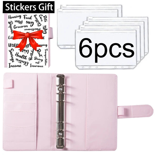 A pink A6 PU leather budget planner binder with cash envelopes and expense sheets
