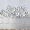 Silver foil letter balloons spelling out Happy Birthday decoration for a party