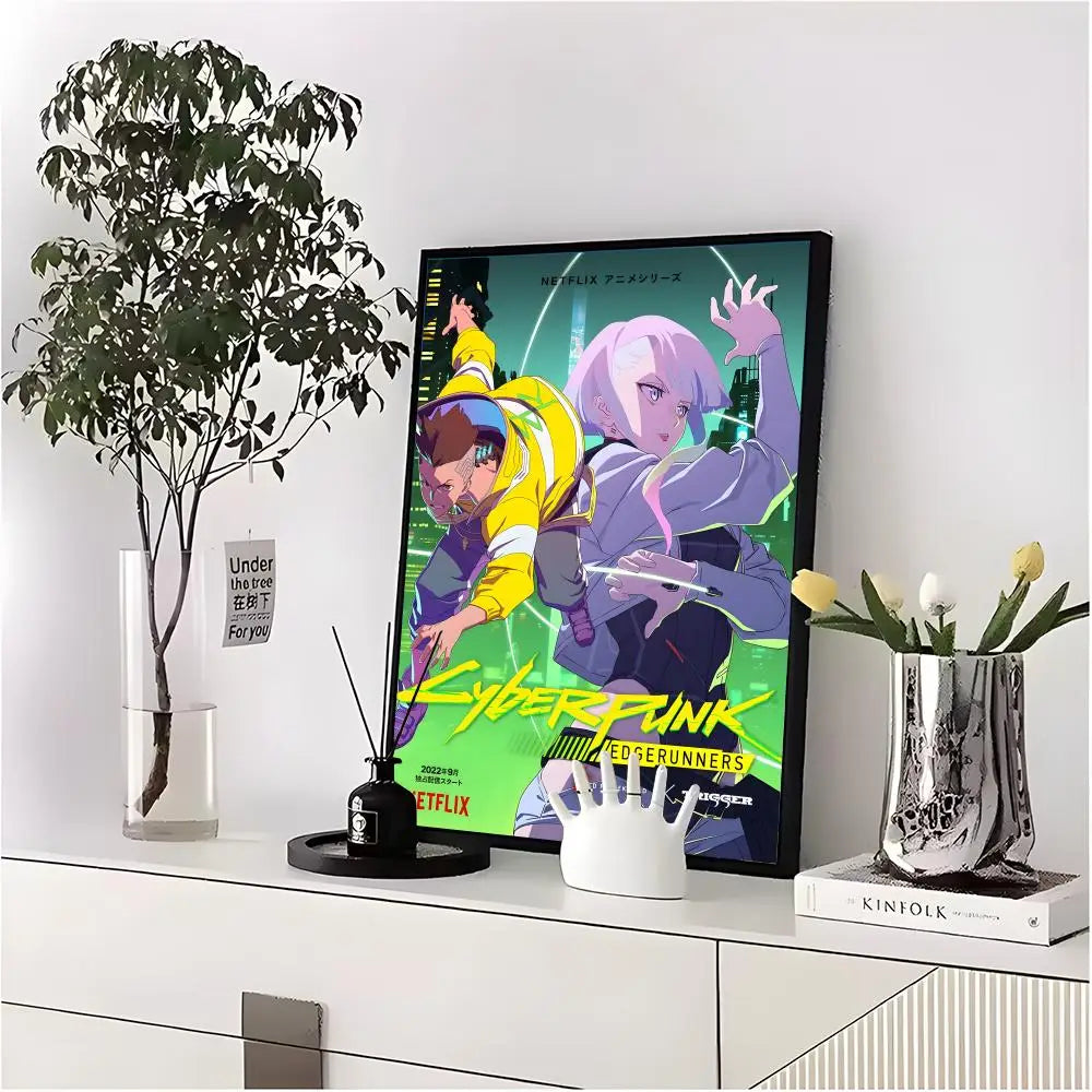 A framed poster of the anime Cyberpunk Edgerunners featuring characters in a neon-lit, futuristic style.