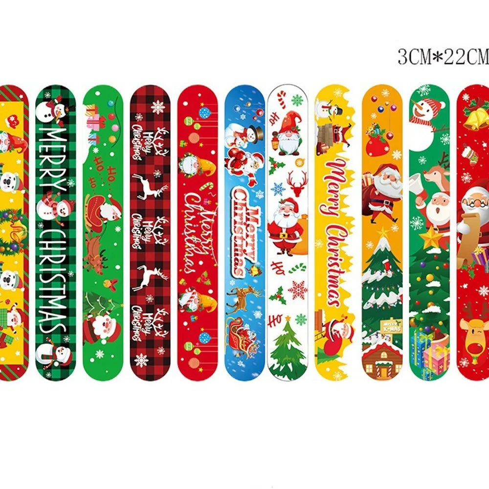 A set of colorful Christmas cartoon slap bracelets for kids used as party favors or classroom rewards.