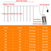 A table showing various configurations of USB-powered LED curtain lights with remote, detailing width, height, string quantit