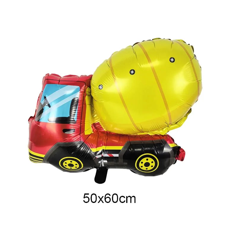 A red and black construction truck foil balloon with a large yellow balloon attached, used for birthday party decor.